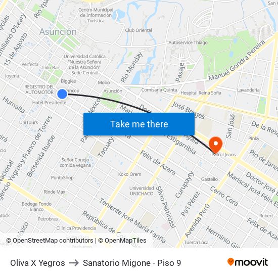 Oliva X Yegros to Sanatorio Migone - Piso 9 map