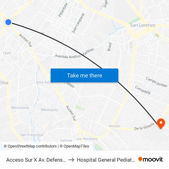 Acceso Sur X Av. Defensores Del Chaco to Hospital General Pediatrico UTI Cardio map