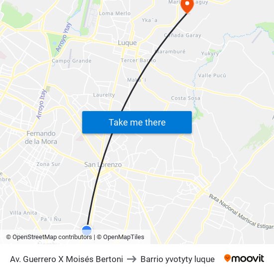 Av. Guerrero X Moisés Bertoni to Barrio yvotyty luque map