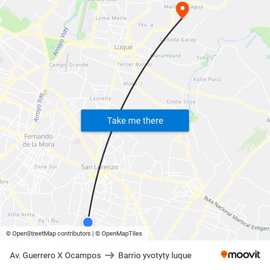 Av. Guerrero X Ocampos to Barrio yvotyty luque map