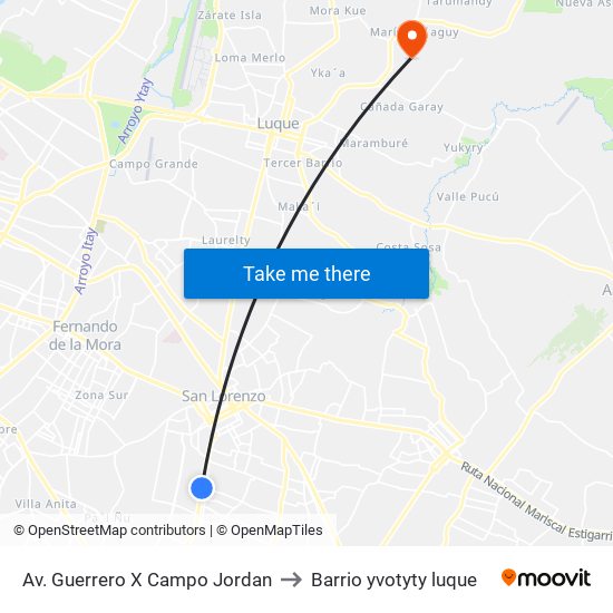 Av. Guerrero X Campo Jordan to Barrio yvotyty luque map
