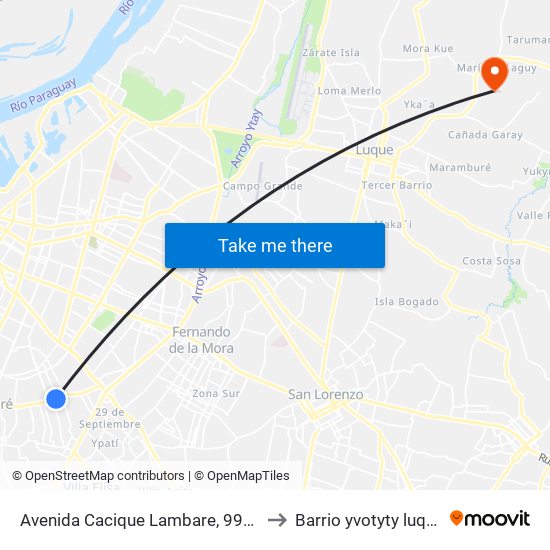 Avenida Cacique Lambare, 9991 to Barrio yvotyty luque map