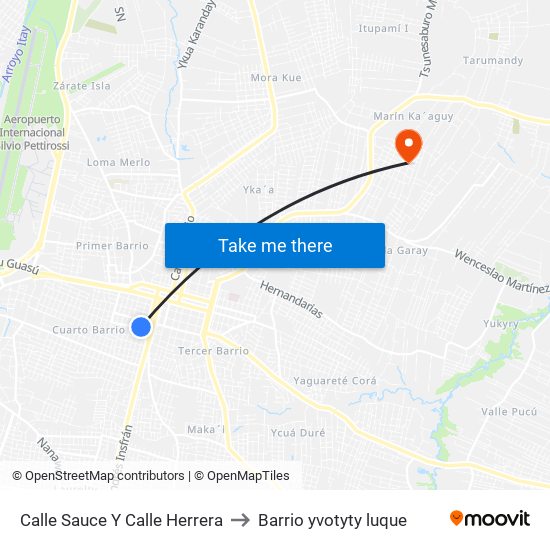 Calle Sauce Y Calle Herrera to Barrio yvotyty luque map