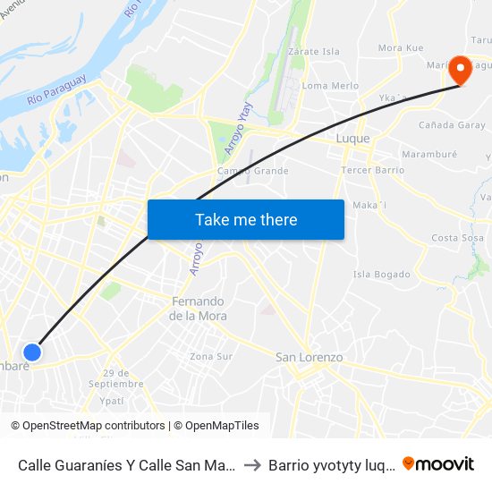 Calle Guaraníes Y Calle San Mateo to Barrio yvotyty luque map
