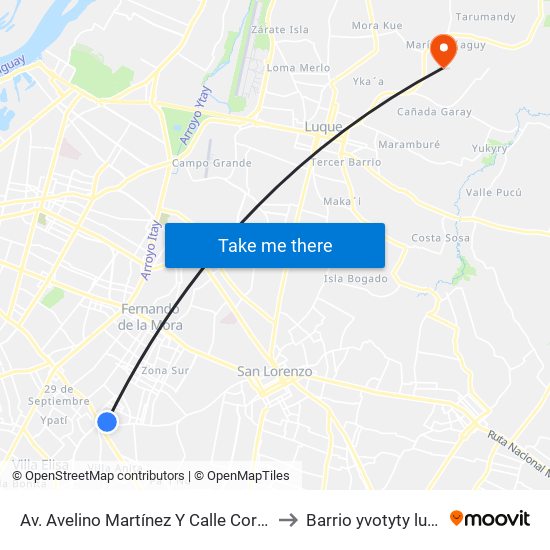 Av. Avelino Martínez Y Calle Corrales to Barrio yvotyty luque map