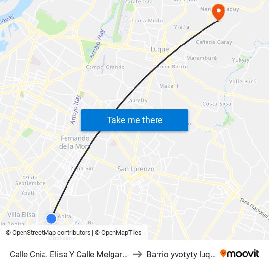 Calle Cnia. Elisa Y Calle Melgarejo to Barrio yvotyty luque map
