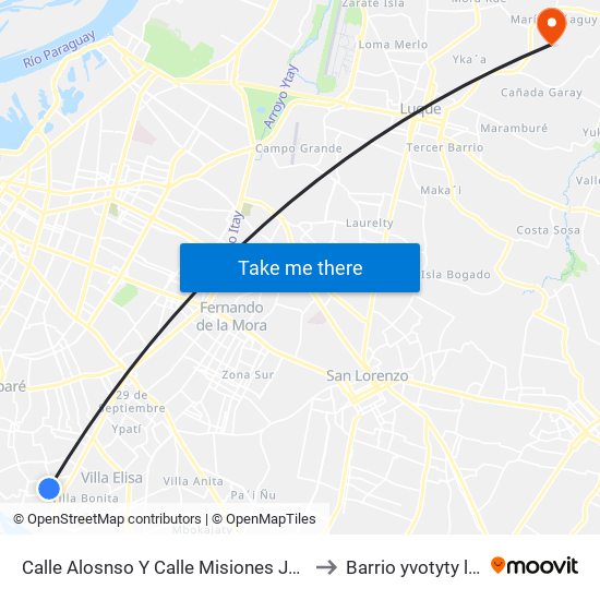 Calle Alosnso Y Calle Misiones Jesuiticas to Barrio yvotyty luque map