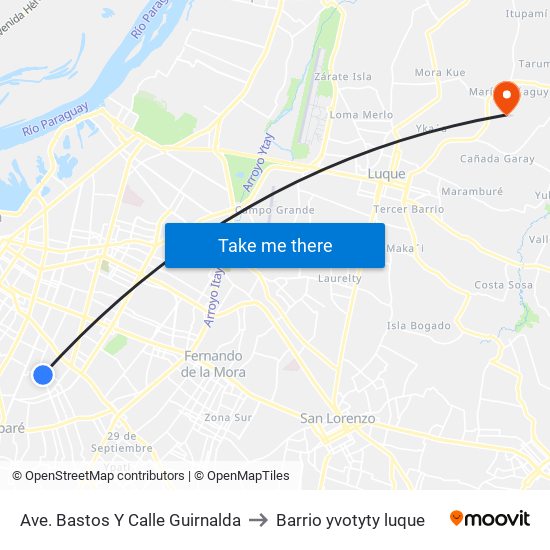 Ave. Bastos Y Calle Guirnalda to Barrio yvotyty luque map