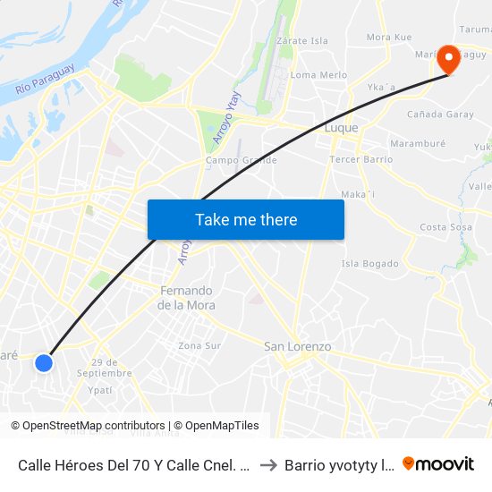 Calle Héroes Del 70 Y Calle Cnel. Caminos to Barrio yvotyty luque map