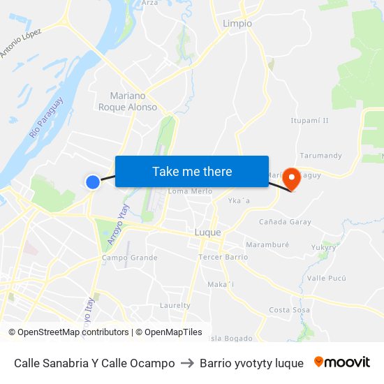 Calle Sanabria Y Calle Ocampo to Barrio yvotyty luque map
