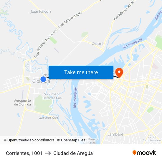 Corrientes, 1001 to Ciudad de Aregúa map