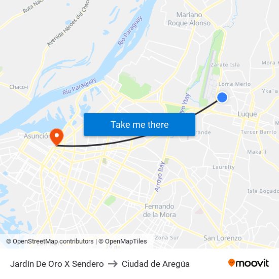 Jardín De Oro X Sendero to Ciudad de Aregúa map