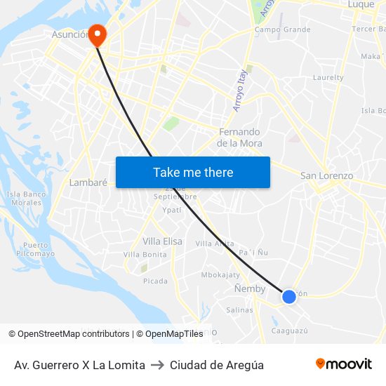 Av. Guerrero X La Lomita to Ciudad de Aregúa map