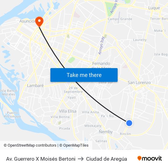 Av. Guerrero X Moisés Bertoni to Ciudad de Aregúa map