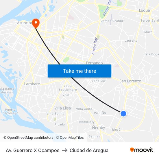 Av. Guerrero X Ocampos to Ciudad de Aregúa map