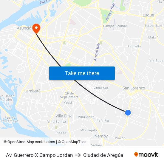 Av. Guerrero X Campo Jordan to Ciudad de Aregúa map