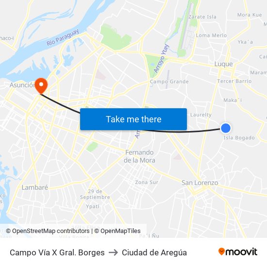 Campo Vía X Gral. Borges to Ciudad de Aregúa map