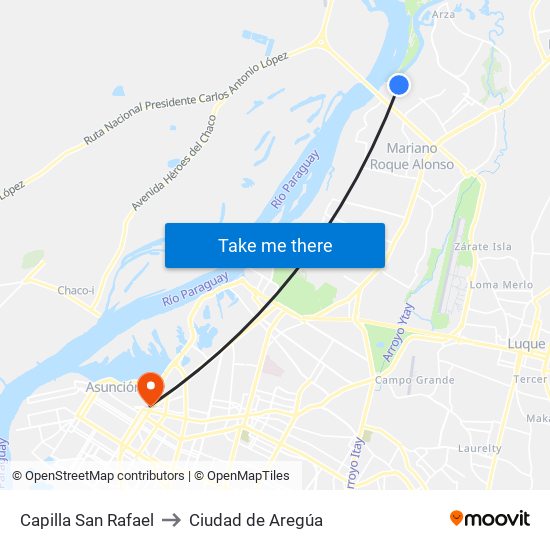 Capilla San Rafael to Ciudad de Aregúa map