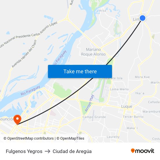 Fulgenos Yegros to Ciudad de Aregúa map