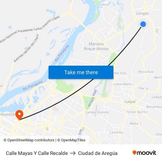 Calle Mayas Y Calle Recalde to Ciudad de Aregúa map