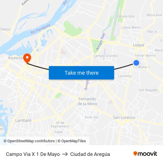 Campo Via X 1 De Mayo to Ciudad de Aregúa map