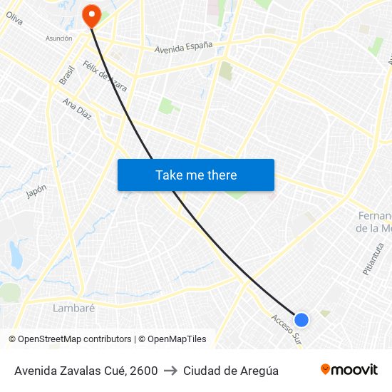 Avenida Zavalas Cué, 2600 to Ciudad de Aregúa map