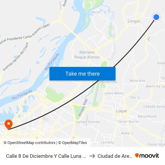 Calle 8 De Diciembre Y Calle Luna Salvaje to Ciudad de Aregúa map