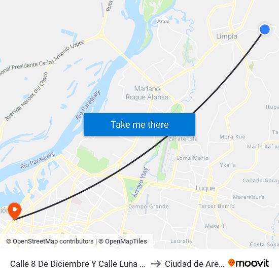 Calle 8 De Diciembre Y Calle Luna Salvaje to Ciudad de Aregúa map