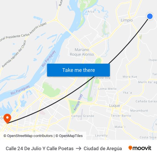 Calle 24 De Julio Y Calle Poetas to Ciudad de Aregúa map