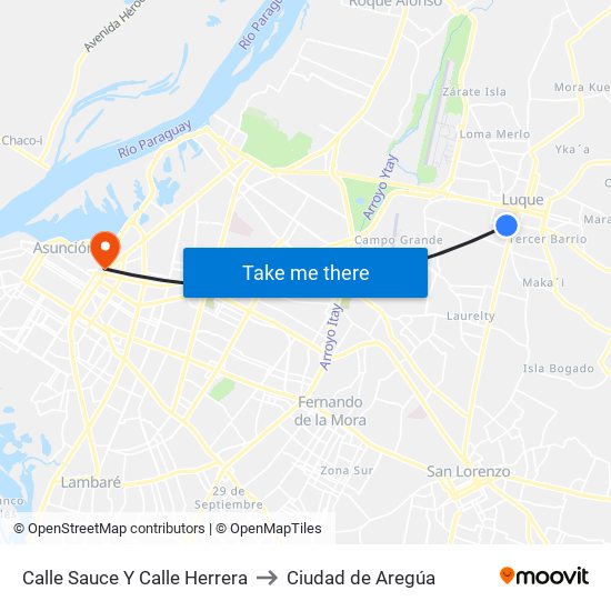 Calle Sauce Y Calle Herrera to Ciudad de Aregúa map