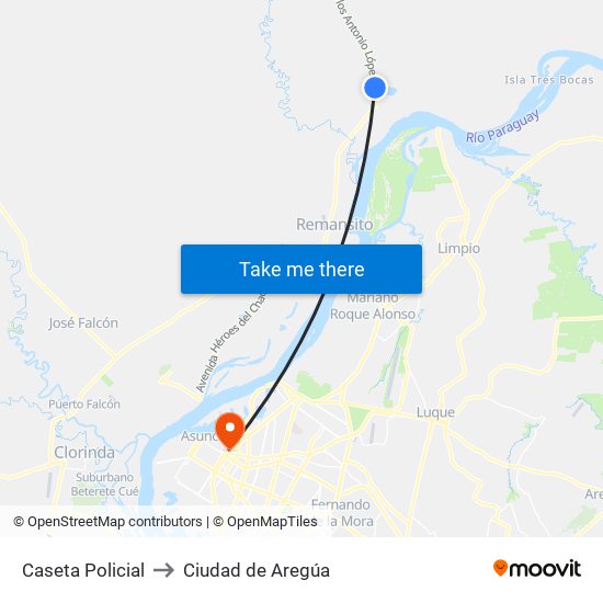 Caseta Policial to Ciudad de Aregúa map