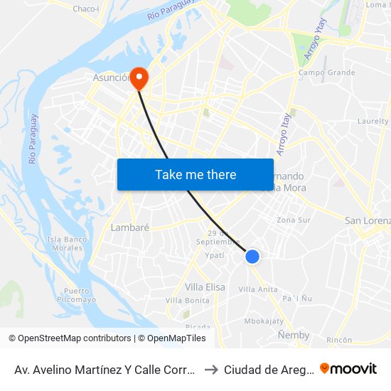 Av. Avelino Martínez Y Calle Corrales to Ciudad de Aregúa map