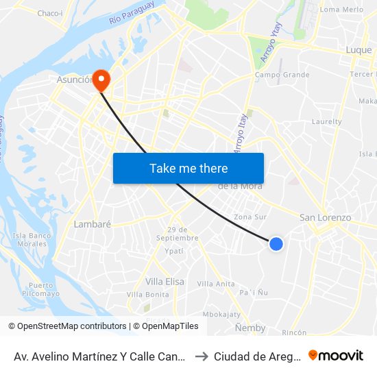 Av. Avelino Martínez Y Calle Cancún to Ciudad de Aregúa map
