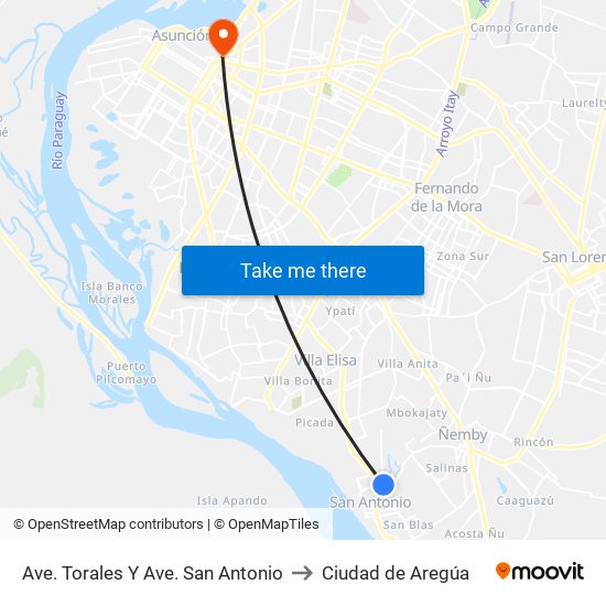 Ave. Torales Y Ave. San Antonio to Ciudad de Aregúa map