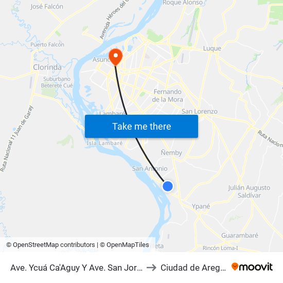 Ave. Ycuá Ca'Aguy Y Ave. San Jorge to Ciudad de Aregúa map