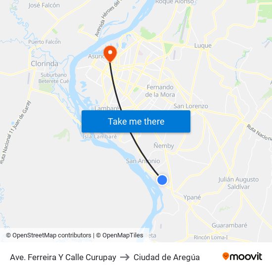 Ave. Ferreira Y Calle Curupay to Ciudad de Aregúa map