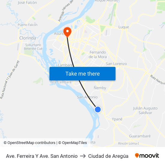 Ave. Ferreira Y Ave. San Antonio to Ciudad de Aregúa map