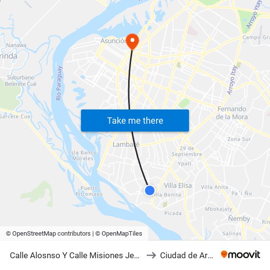 Calle Alosnso Y Calle Misiones Jesuiticas to Ciudad de Aregúa map