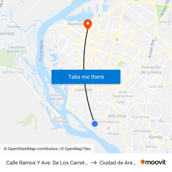Calle Ramos Y Ave. De Los Carreteros to Ciudad de Aregúa map