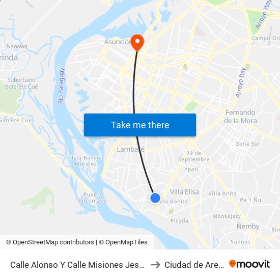 Calle Alonso Y Calle Misiones Jesuiticas to Ciudad de Aregúa map