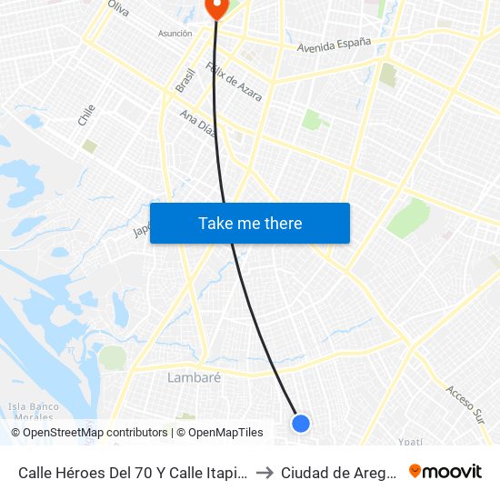 Calle Héroes Del 70 Y Calle Itapiru to Ciudad de Aregúa map