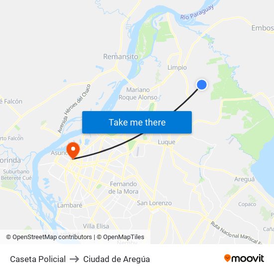 Caseta Policial to Ciudad de Aregúa map