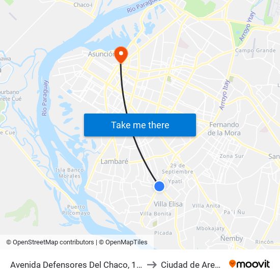 Avenida Defensores Del Chaco, 1822 to Ciudad de Aregúa map