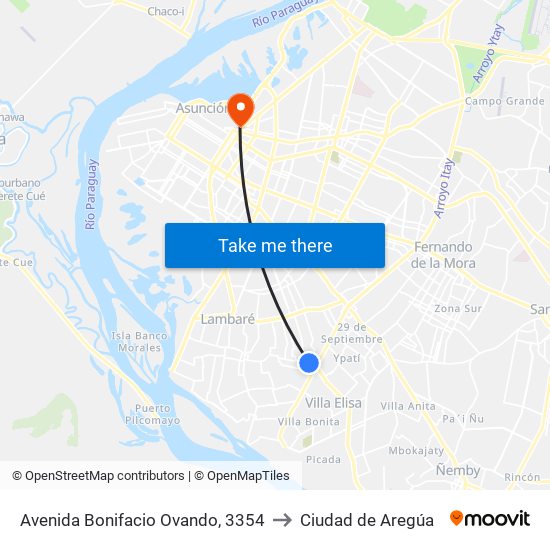 Avenida Bonifacio Ovando, 3354 to Ciudad de Aregúa map