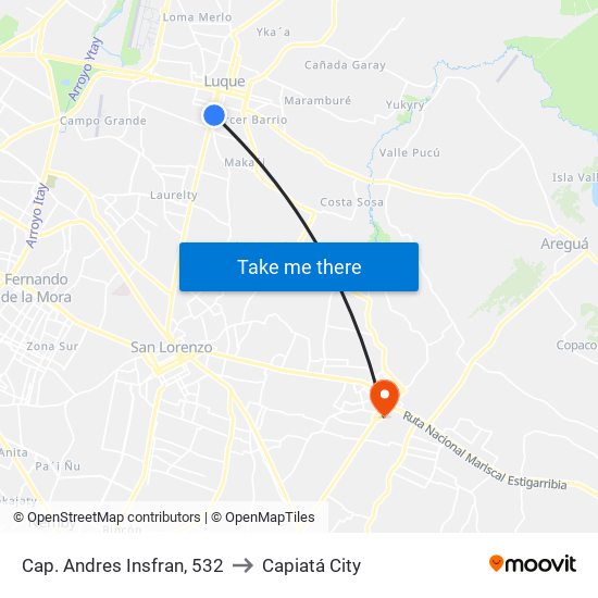 Cap. Andres Insfran, 532 to Capiatá City map