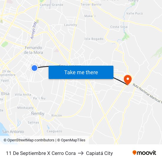 11 De Septiembre X Cerro Cora to Capiatá City map