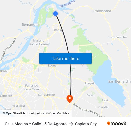 Calle Medina Y Calle 15 De Agosto to Capiatá City map