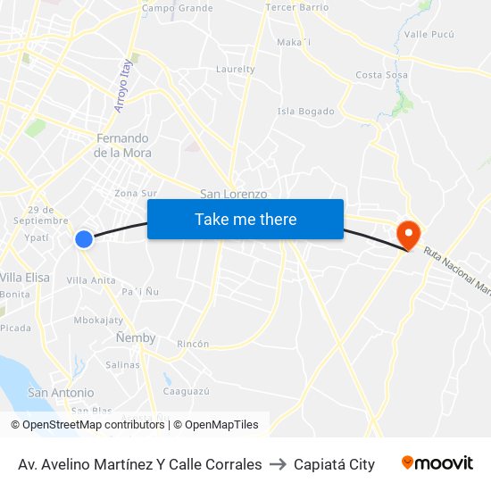 Av. Avelino Martínez Y Calle Corrales to Capiatá City map
