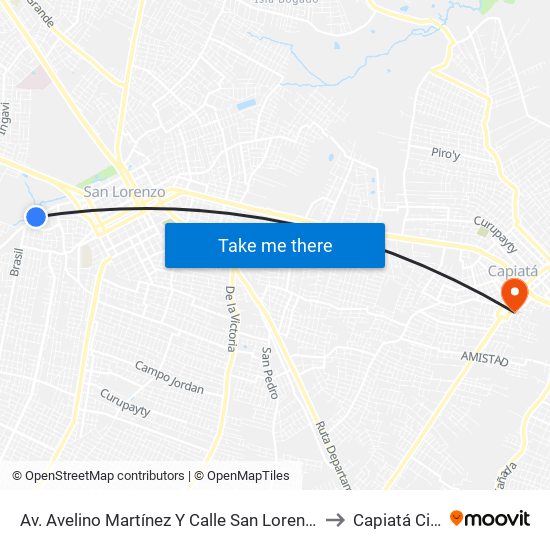 Av. Avelino Martínez Y Calle San Lorenzo to Capiatá City map