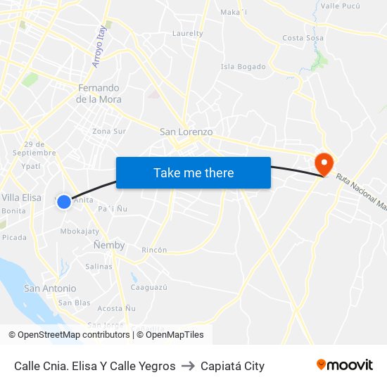 Calle Cnia. Elisa Y Calle Yegros to Capiatá City map